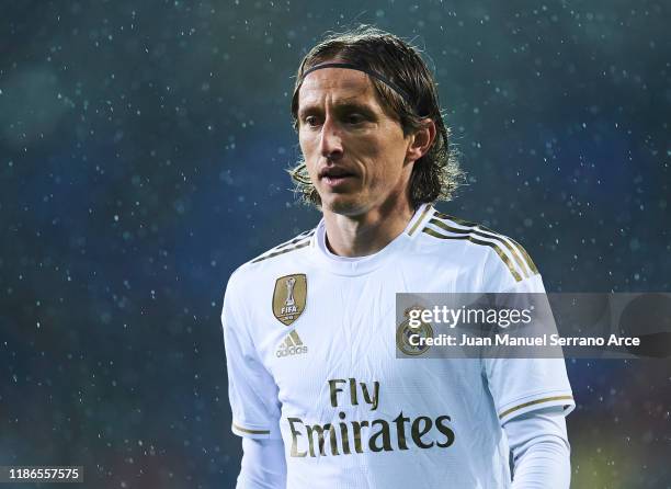 Luka Modric of Real Madrid CF reacts during the Liga match between SD Eibar SAD and Real Madrid CF at Ipurua Municipal Stadium on November 09, 2019...