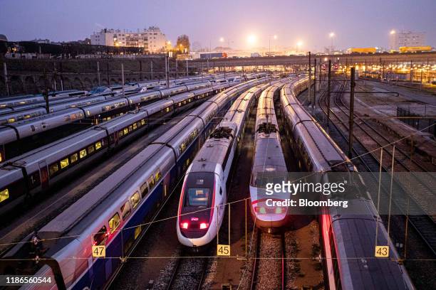 High speed trains sit outside a station during a national strike in Charenton near Paris, France, on Thursday, Dec. 5, 2019. In what has been the...