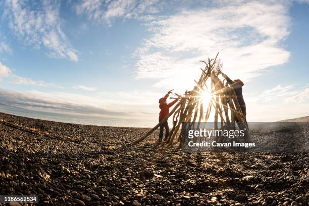 two kids working together to build with driftwood at a beach - beachcombing stock pictures, royalty-free photos & images