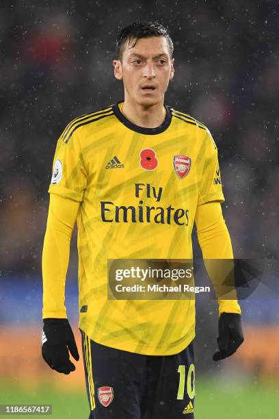 Mesut Ozil of Arsenal looks on during the Premier League match between Leicester City and Arsenal FC at The King Power Stadium on November 09, 2019...