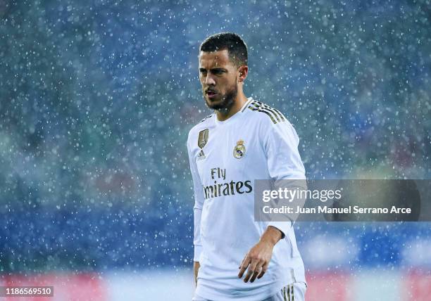 Eden Hazard of Real Madrid CF reacts during the Liga match between SD Eibar SAD and Real Madrid CF at Ipurua Municipal Stadium on November 09, 2019...