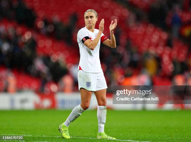 Steph Houghton of England applauds the crowd after the International Friendly between England Women and Germany Women at Wembley Stadium on November...