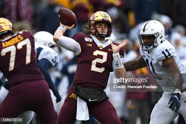 Quarterback Tanner Morgan of the Minnesota Golden Gophers looks to pass against the Penn State Nittany Lions during the third quarter at TCFBank...