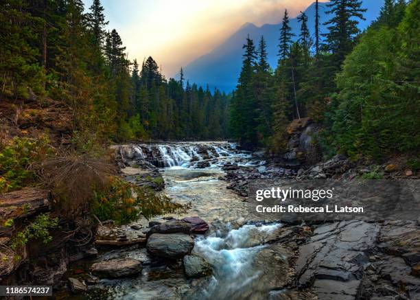 a smoky morning at upper mcdonald creek - mcdonald creek stock-fotos und bilder