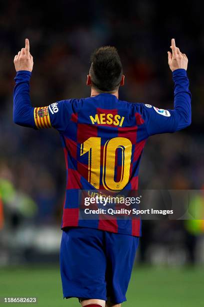 Lionel Messi of FC Barcelona celebrates their team's second goal during the Liga match between FC Barcelona and RC Celta de Vigo at Camp Nou on...