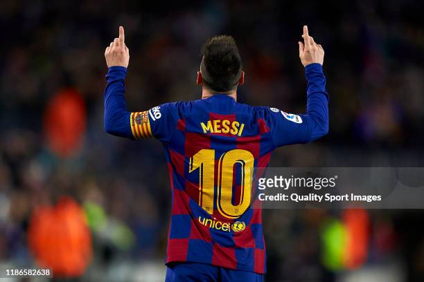 Lionel Messi of FC Barcelona celebrates their team's second goal during the Liga match between FC Barcelona and RC Celta de Vigo at Camp Nou on...
