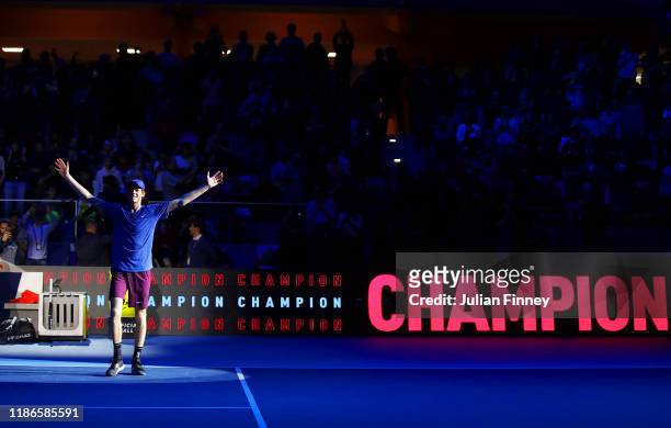 Jannik Sinner of Italy celebrates defeating Alex de Minaur of Australia in the final during Day Five of the Next Gen ATP Finals at Allianz Cloud on...