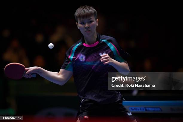 Chen Szu-Yu of Chinese Taipei competes againstDing Ning of China during Women's Teams - Semifinals singles - Match 1 on day four of the ITTF Team...