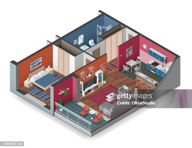 ilustraciones, imágenes clip art, dibujos animados e iconos de stock de apartamento isometry - interior de la casa