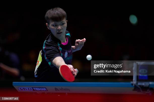 Chen Szu-Yu of Chinese Taipei competes againstDing Ning of China during Women's Teams - Semifinals singles - Match 1 on day four of the ITTF Team...