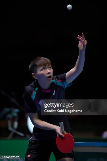 Chen Szu-Yu of Chinese Taipei competes againstDing Ning of China during Women's Teams - Semifinals singles - Match 1 on day four of the ITTF Team...