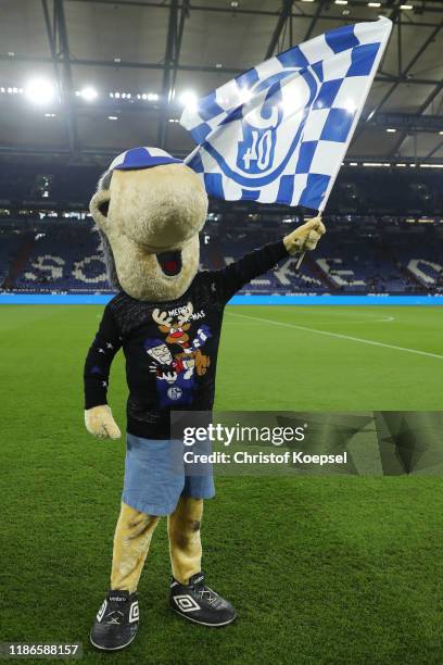 Macto Erwin waves the flag dr4essed in a christmas jumper prior to the Bundesliga match between FC Schalke 04 and Fortuna Duesseldorf at...