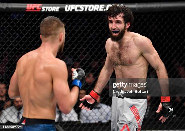 Zabit Magomedsharipov of Russia battles Calvin Kattar in their featherweight fight during the UFC Fight Night event at CSKA Arena on November 09,...