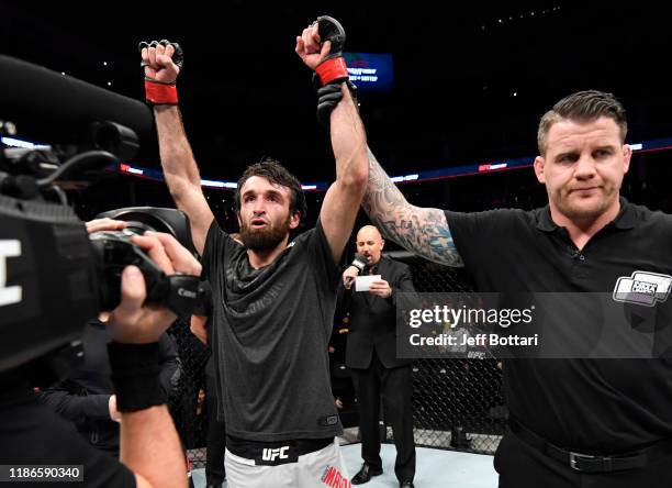 Zabit Magomedsharipov of Russia celebrates after defeating Calvin Kattar in their featherweight fight during the UFC Fight Night event at CSKA Arena...