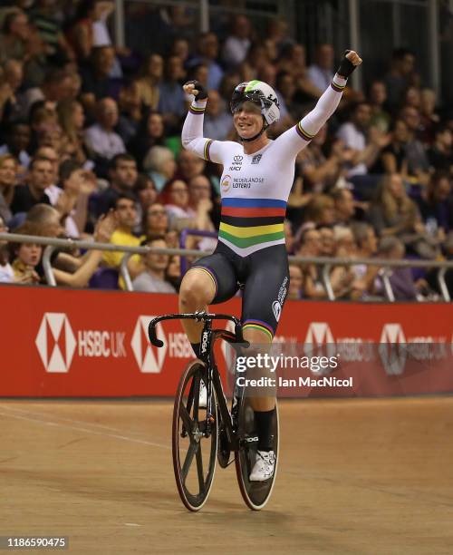 Kirsten Wild of Netherlands reacts after winning the Women's Omnium during Day Two of The UCI Track Cycling World Cup at Sir Chris Hoy Velodrome on...