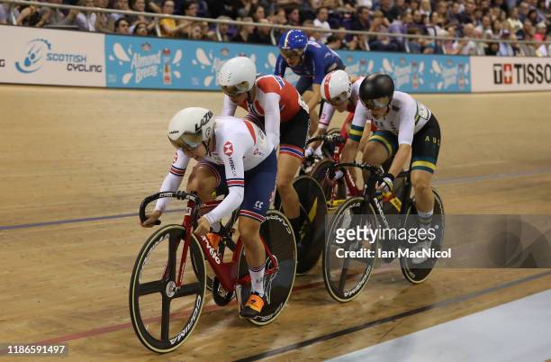 Neah Evans of Great Britain competes in the Women's Omnium during Day Two of The UCI Track Cycling World Cup at Sir Chris Hoy Velodrome on November...