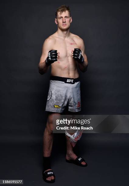 Alexander Volkov of Russia poses for a portrait backstage after his victory during the UFC Fight Night event at CSKA Arena on November 09, 2019 in...