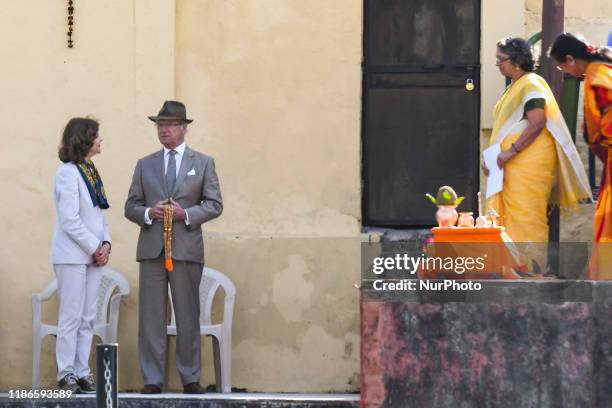 Sweden's King Carl XVI Gustaf and Queen Silvia attend a Ganga Arti Puja, a prayer service, on the banks of the Ganga river in Rishikesh, Uttarakhand,...