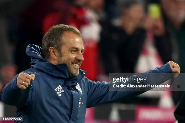 Interims coach Hans-Dieter Flick reacts after the second goal during the Bundesliga match between FC Bayern Muenchen and Borussia Dortmund at Allianz...