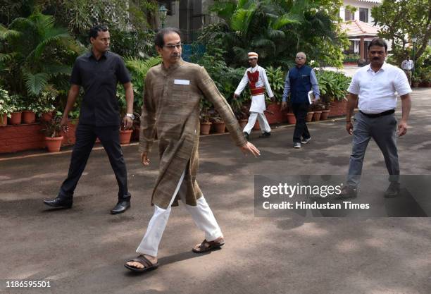 Maharashtra Chief Minister Uddhav Thackeray arrives to receive the Swedish King Carl XVI Gustaf and Queen Silvia at Raj Bhavan on December 4, 2019 in...