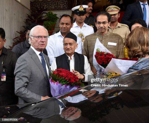 Governor of Maharashtra Bhagat Singh Koshyari along with Maharashtra Chief Minister Uddhav Thackeray and wife Rashmi welcome the Swedish King Carl...