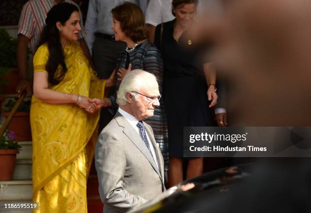 The Swedish King Carl XVI Gustaf and Queen Silvia leave Raj Bhavan on December 4, 2019 in Mumbai, India.