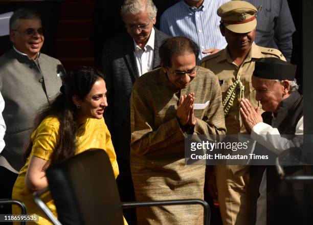 Governor of Maharashtra Bhagat Singh Koshyari along with Maharashtra Chief Minister Uddhav Thackeray and wife Rashmi as the wait to for their car as...