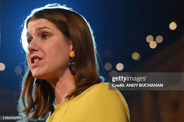 Britain's opposition Liberal Democrats leader Jo Swinson addresses a general election campaign rally in Edinburgh, Scotland on December 5, 2019. -...