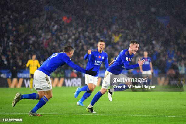 James Maddison of Leicester City celebrates after scoring his team's second goal during the Premier League match between Leicester City and Arsenal...