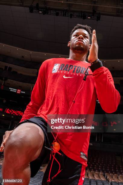 Sagaba Konate of the Mississauga Raptors 905 stretches before the game against the Long Island Nets at the Scotiabank Arena on December 5, 2019 in...