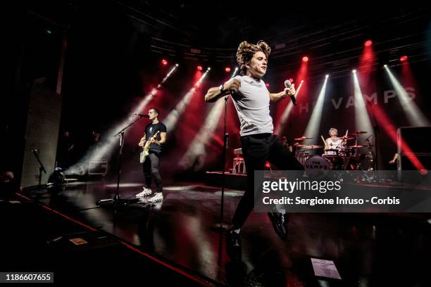 James McVey, Bradley Simpson and Tristan Evans of The Vamps perform on stage at Fabrique Club on November 9, 2019 in Milan, Italy.