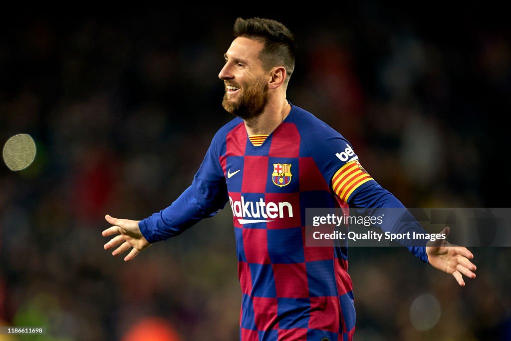 Lionel Messi of FC Barcelona celebrates their team's third goal... News