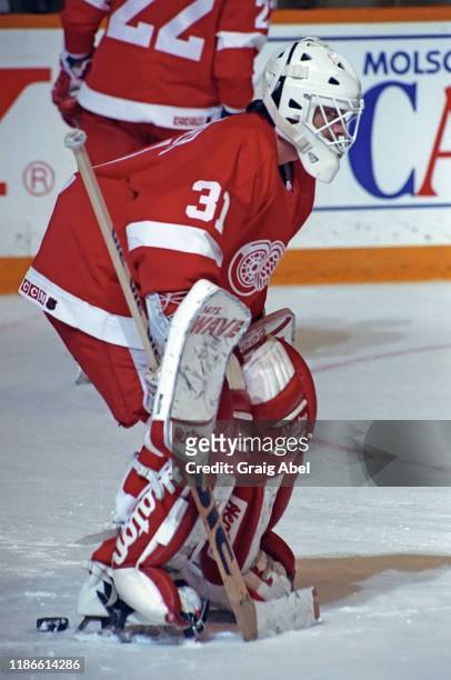 Alain Chevrier of the Detroit Red Wings skates against the Toronto Maple Leafs during NHL game action on November 17, 1990 at Maple Leaf Gardens in...