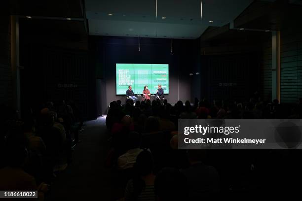 Rob McElhenney, Megan Ganz and Andrew Stanton speak onstage at the WIRED25 Summit 2019 - Day 2 at Commonwealth Club on November 09, 2019 in San...