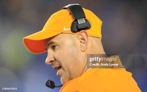 Jeremy Pruitt the head coach of the Tennessee Volunteers in the game against the Kentucky Wildcats at Commonwealth Stadium on November 09, 2019 in...