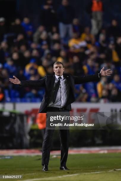 Martín Palermo, coach of Pachuca, reacts during the 18th round match between Tigres UANL and Pachuca as part of the Torneo Apertura 2019 Liga MX at...