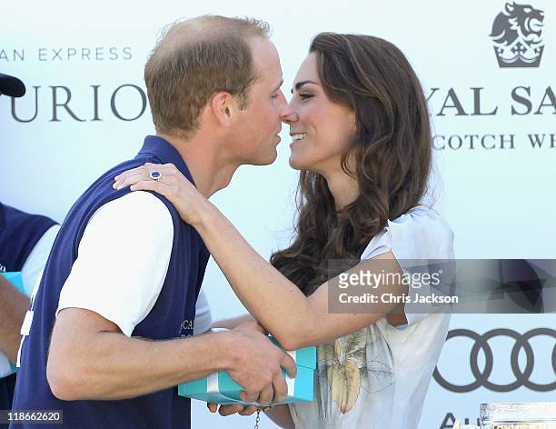 Prince William, Duke of Cambridge and Catherine, Duchess of Cambridge celebrate after Williams' team won the Foundation Polo Challenge at the Santa...