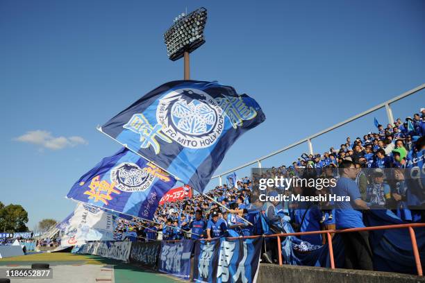 Supporters of Mito HollyHock cheer prior to the J.League J2 match between Mito HollyHock and Ehime FC at K's Denki Stadium Mito on November 10, 2019...