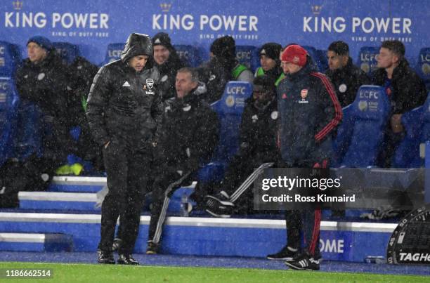 Unai Emery the Arsenal manager watches his team during the Premier League match between Leicester City and Arsenal FC at The King Power Stadium on...