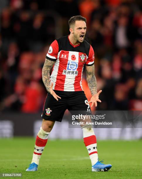 Danny Ings of Southampton celebrates scoring his sides first goal during the Premier League match between Southampton FC and Everton FC at St Mary's...
