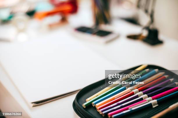colorful pencils together in pencil case - etui stockfoto's en -beelden
