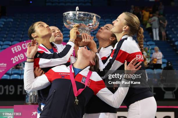 Team France celebrate winning the Fed Cup in the 2019 Fed Cup Final tie between Australia and France at RAC Arena on November 10, 2019 in Perth,...