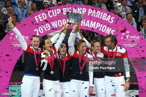 Team France celebrate winning the Fed Cup in the 2019 Fed Cup Final tie between Australia and France at RAC Arena on November 10, 2019 in Perth,...