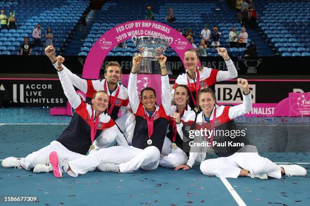 Team France celebrate winning the Fed Cup in the 2019 Fed Cup Final tie between Australia and France at RAC Arena on November 10, 2019 in Perth,...