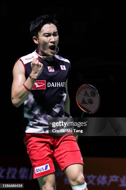 Kento Momota of Japan reacts in the Men's Single final match against Chou Tien Chen of Chinese Taipei on day six of the Fuzhou China Open at Haixia...