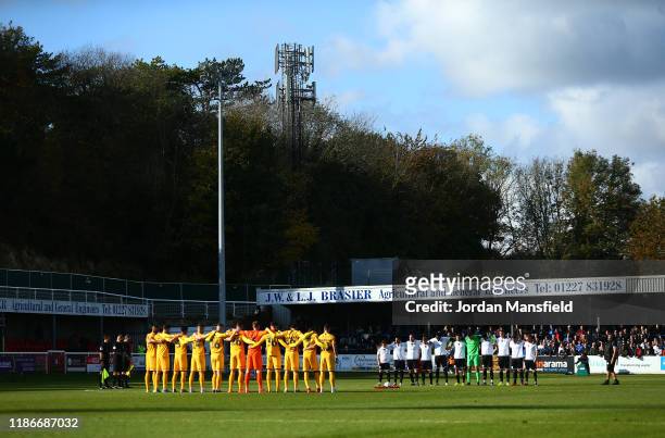 Silence is observed by fans, officials and players for Remembrance Day prior to the FA Cup First Round match between Dover Athletic and Southend...