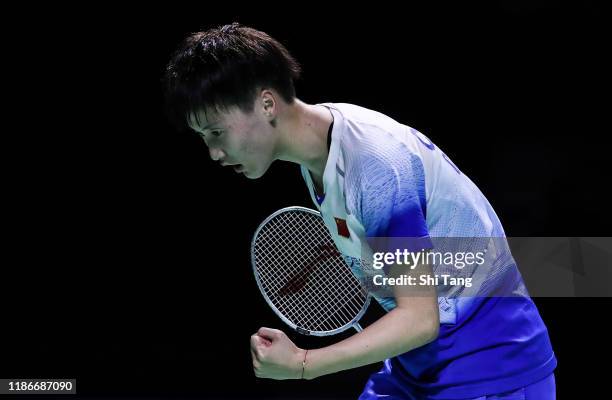 Chen Yufei of China reacts in the Women's Single final match against Nozomi Okuhara of Japan on day six of the Fuzhou China Open at Haixia Olympic...