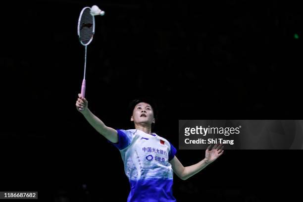 Chen Yufei of China competes in the Women's Single final match against Nozomi Okuhara of Japan on day six of the Fuzhou China Open at Haixia Olympic...