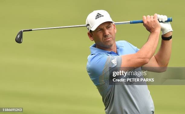 Spanish golfer Sergio Garcia hits a ball on the fairway at the 4th hole on day two of the Australian Open golf tournament at the Australian Golf Club...