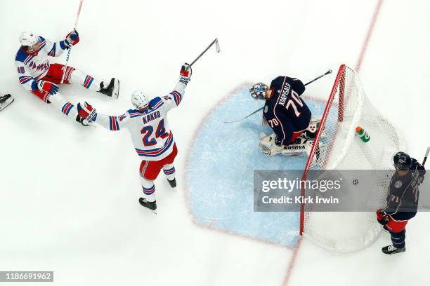 Kaapo Kakko of the New York Rangers celebrates after Brendan Lemieux scores a goal on Joonas Korpisalo of the Columbus Blue Jackets during the second...